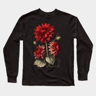 Red Dahlia Flowers Vintage Botanical Illustration Long Sleeve T-Shirt